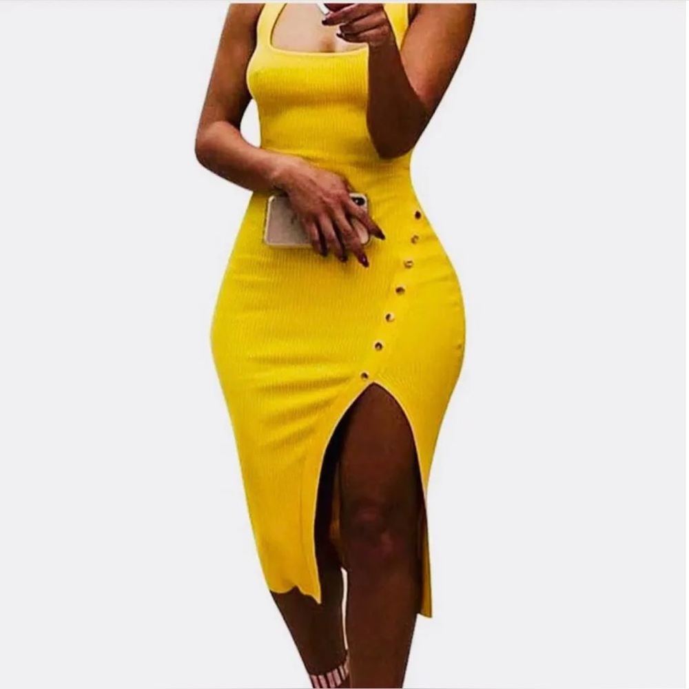 Yellow Sleeveless Button-Detail Dress